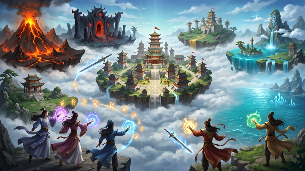 一幅展示新仙魔九界游戏世界的全景图,画面中央是漂浮在云海之上的仙侠城池,四周环绕着不同风格的九界地貌,有烈焰火山、幽冥地府、碧蓝仙海,前景有数位身着华丽古装的修真者施展法术,技能光效绚丽,整体布局层次分明,风格为东方玄幻CG插画,细节包含飘动的衣袂、飞舞的灵剑、发光的符文,画质超清,干净,无多余元素
