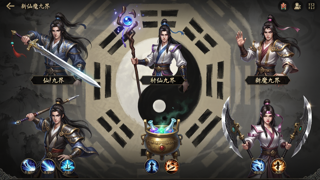 新仙魔九界职业选择界面预览图,画面中排列着六位不同职业的角色立绘,分别手持长剑、法杖、药鼎、双刃等武器,背景是太极八卦阵图案,布局为两行三列,风格为唯美古风,细节有职业名称标签、技能图标、光效点缀,画质细腻,干净,无多余元素