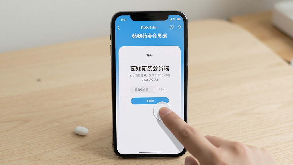 一张展示手机应用操作步骤的图片,画面中一部智能手机正在显示“茹娣茹姿会员端”的安装界面,旁边有手指点击屏幕的动作示意。手机放置在浅色桌面上,背景简洁,布局为居中构图。风格为教程演示类图片,细节上强调操作步骤的清晰度和界面元素的真实感,画质高清,画面干净,无多余元素。