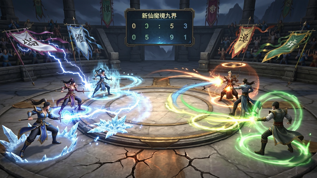 新仙魔九界跨服竞技场场景,画面中央是圆形擂台,两侧站立着两支三人队伍正在释放技能,技能特效包括雷电、冰霜、治疗光环,背景有观众席和悬浮的记分牌,风格为热血仙侠,细节有飘动的战旗、地面裂纹、技能轨迹,画质高清,干净,无多余元素