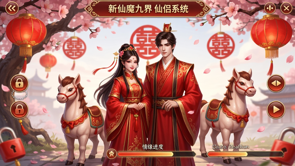 新仙魔九界仙侣系统界面,画面中一对身着红色婚服的角色站在桃花树下,周围有花瓣飘落,背景是红色灯笼和喜字装饰,布局为角色居中、UI按钮环绕,风格为喜庆国风,细节有同心锁、双人坐骑、情缘进度条,画质精美,干净,无多余元素