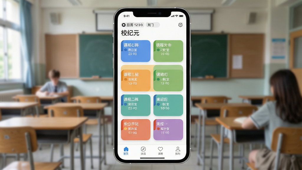 一款名为“校纪元”的手机应用界面展示图,主体为手机屏幕,屏幕内清晰呈现彩色课程表界面,不同课程用不同颜色区分,包含课程名称、教室、时间等信息。布局为手机正面居中展示,背景为虚化的校园教室场景。风格简洁清爽,细节包括顶部日期栏、底部导航栏、课程卡片圆角设计。画质高清,画面干净,无多余元素。