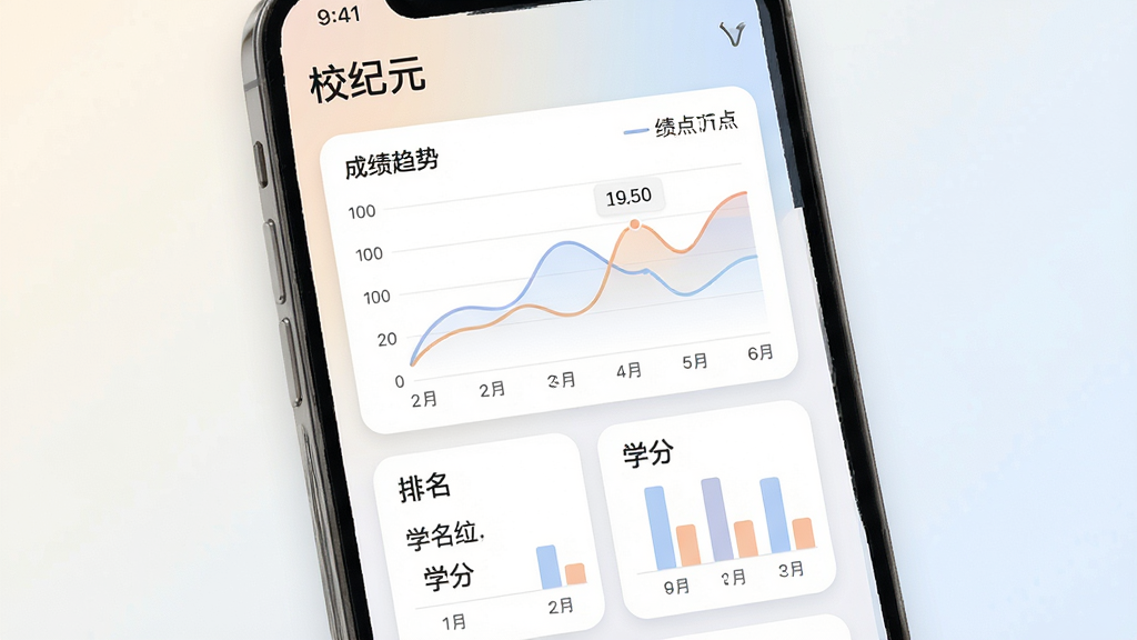 “校纪元”应用内成绩分析页面截图,主体为手机屏幕,屏幕中展示折线图与柱状图结合的成绩趋势界面,包含绩点、排名、学分等数据卡片。布局为手机竖直放置,背景为浅色渐变。风格为数据可视化设计,细节包括图表颜色柔和、数据标签清晰、卡片圆角阴影。画质高清,画面干净,无多余元素。