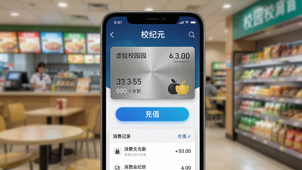 “校纪元”应用内校园一卡通功能界面,主体为手机屏幕,屏幕中展示虚拟校园卡、余额数字、充值按钮、消费记录列表。布局为手机正面展示,背景为校园食堂或超市虚化场景。风格为金融科技感,细节包括卡片金属质感、按钮高亮、图标简洁。画质高清,画面干净,无多余元素。