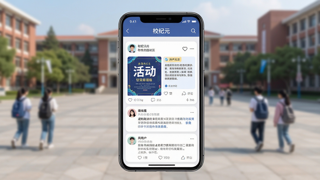 “校纪元”应用内校园社区界面,主体为手机屏幕,屏幕中展示信息流帖子列表,包含活动海报、通知公告、用户评论互动。布局为手机竖直展示,背景为校园广场虚化。风格为社交应用设计,细节包括头像、点赞图标、评论气泡、圆角卡片。画质高清,画面干净,无多余元素。