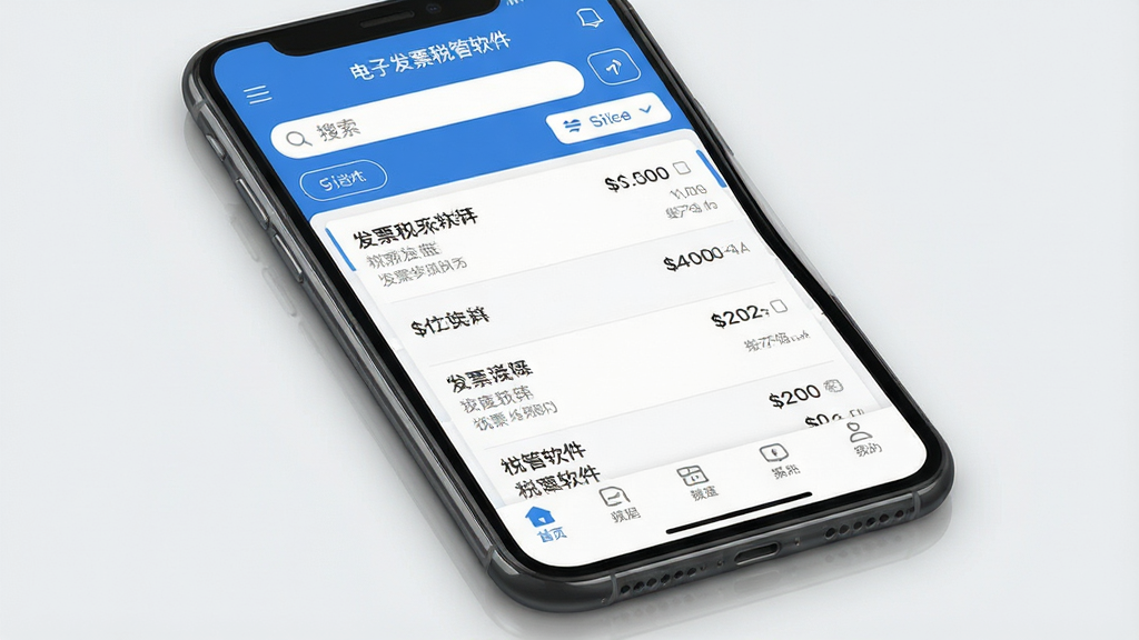 一张展示电子发票税管软件主界面的手机屏幕截图,画面中央是简洁的发票列表布局,顶部有搜索栏和筛选按钮,底部有导航菜单,界面风格清爽现代,主色调为蓝色和白色,屏幕周围有轻微的阴影和反光效果,背景为干净的浅灰色,画质清晰,无多余元素