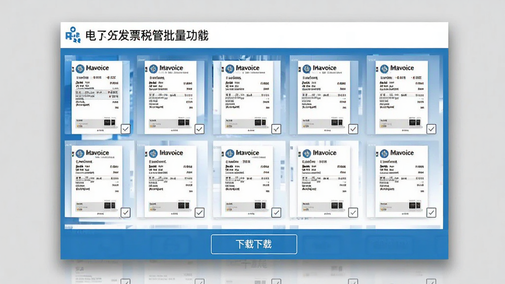 一张展示电子发票税管批量下载功能的界面截图,画面中显示多张电子发票缩略图排列整齐,每张发票旁有勾选框,底部有下载按钮,界面风格简洁商务,主色调为蓝色和白色,屏幕周围有轻微的阴影效果,背景为纯色,画质清晰,无多余元素