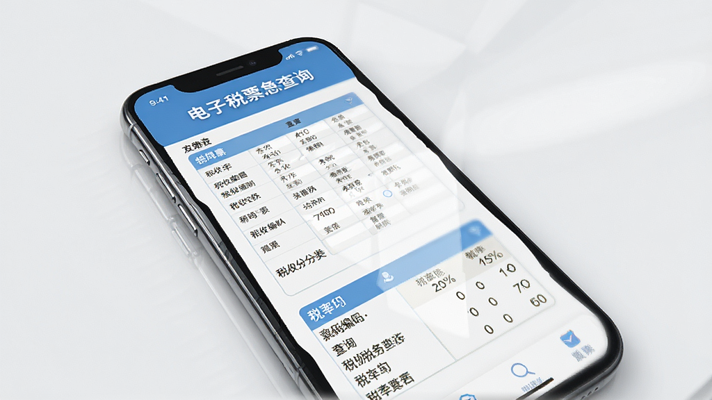 一张展示电子发票税管税务信息查询功能的手机界面,画面中显示税收分类编码表和税率信息,界面风格清晰易读,主色调为蓝色和白色,屏幕周围有轻微的阴影和反光,背景为干净的浅灰色,画质清晰,无多余元素