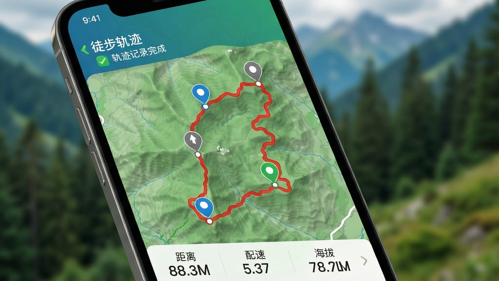 一张展示徒步轨迹APP轨迹记录功能的界面图,画面主体是手机屏幕特写,屏幕上显示一条完整的红色徒步轨迹路线覆盖在绿色地形图上,轨迹上有多个途经点标记,底部显示距离、配速、海拔等数据;背景为模糊的户外山林景色;风格为写实科技风,色调以绿色和蓝色为主,画面干净整洁;屏幕上文字包括“徒步轨迹”和“轨迹记录完成”等字样;画质高清,无多余元素