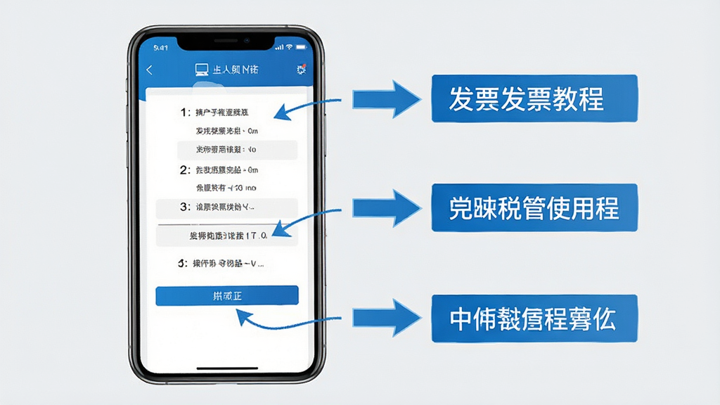 一张展示电子发票税管使用教程的示意图,画面中一部手机屏幕显示软件操作步骤,旁边有箭头和文字标注,风格简洁明了,主色调为蓝色和白色,背景为干净的浅灰色,画质清晰,无多余元素