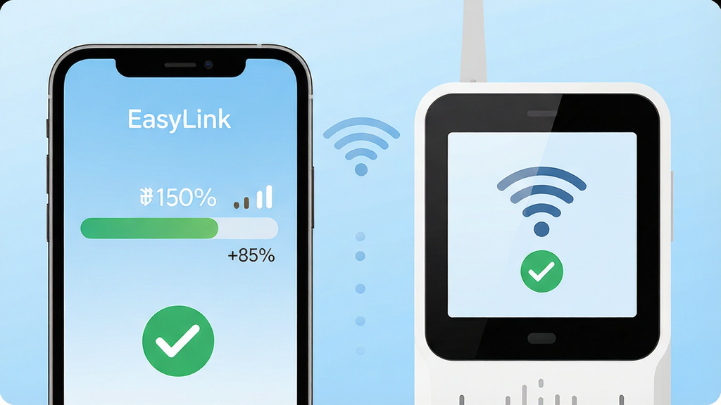 һ��չʾEasyLinkһ���������ܵ�ʾ��ͼ������������һ���ֻ���һ̨���ܿ�������ǣ��ֻ���Ļ��ʾ�����������͡�EasyLink����ʶ���������Ļ��ʾWi-Fi����ͼ�꣬����Ϊǳ��ɫ���䣬����Ϊ���ҷ���ʽ�����Ϊ��ƽ���廭�磬ϸ�ڰ������Ȱٷֱȡ��ź�ǿ��ָʾ�����ӳɹ��򹴱�ǣ���������������ɾ����޶���Ԫ��