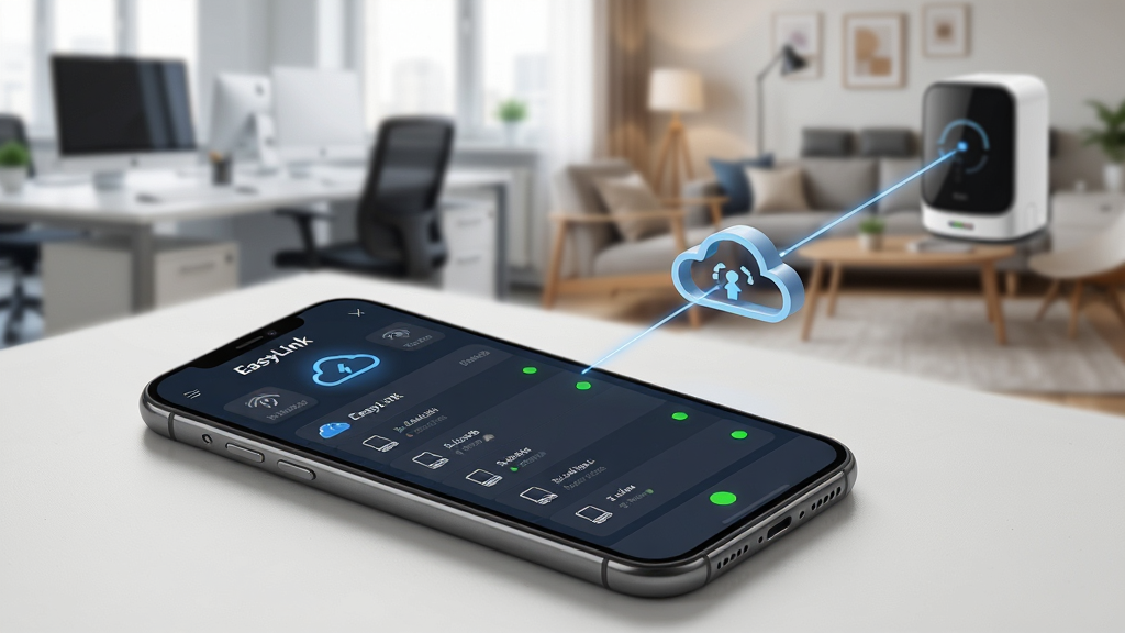 һ��չʾEasyLinkԶ�̹������ܵĳ���ͼ��������һ���ֻ������������ϣ���Ļ��ʾ��EasyLink��Զ�̿��ƽ��棬������ģ���İ칫�Һͼ�ͥ�������ֻ���Զ���������豸ͨ���ƶ�ͼ������������Ϊ�Խ��߹�ͼ�����Ϊдʵ�Ƽ��磬ϸ�ڰ�����ͬ��ͼ�ꡢ�豸�б�������״̬�̵㣬���ʸ��壬����ɾ����޶���Ԫ��