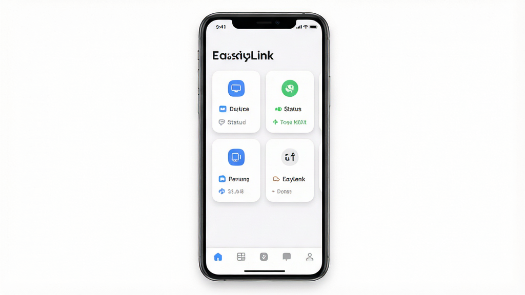 һ��չʾEasyLinkӦ�ý�����Ƶ�ͼƬ�������������ֻ���Ļ����Ļ����ʾ��EasyLink�������棬�����豸��Ƭ��״̬ͼ�ꡢ�ײ�������������Ϊ����ɫ������Ϊ����չʾ�����Ϊ����UI��Ʒ磬ϸ�ڰ���Բ�ǿ�Ƭ�������Ӱ������ͼ�꣬���ʸ��壬����ɾ����޶���Ԫ��