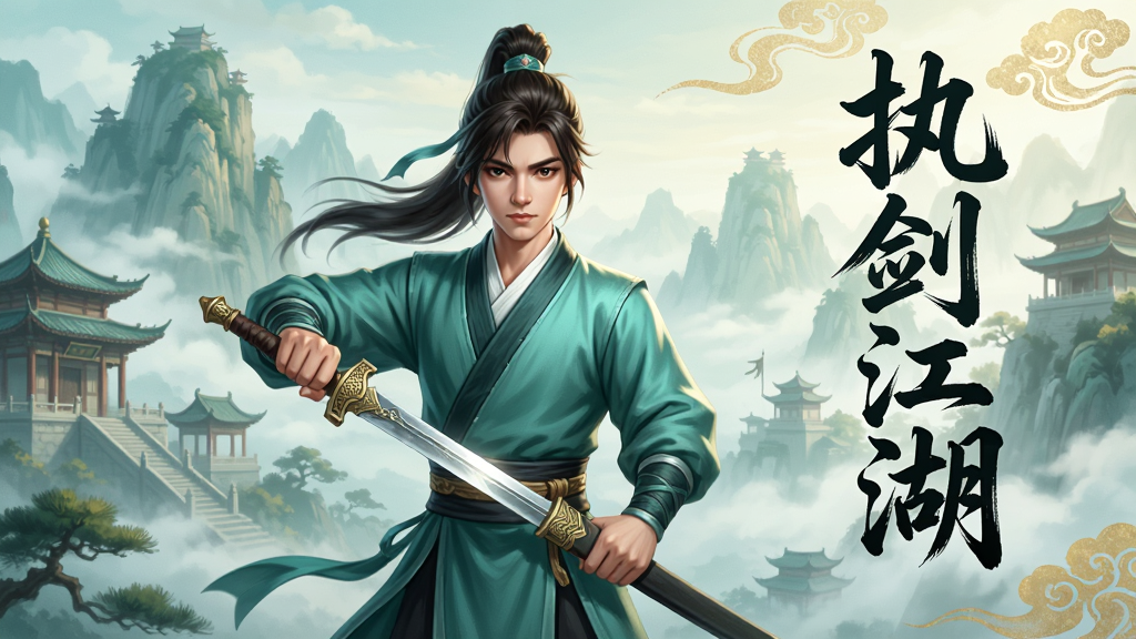 一幅竖版手机游戏宣传图,画面中央是一位身穿青衫、手持长剑的年轻侠客,背景是云雾缭绕的群山与古典楼阁,画面右侧竖排书写“执剑江湖”四个毛笔字,整体风格为国风武侠CG插画,色彩以青绿与淡金为主,细节精致,画质高清,干净无多余元素