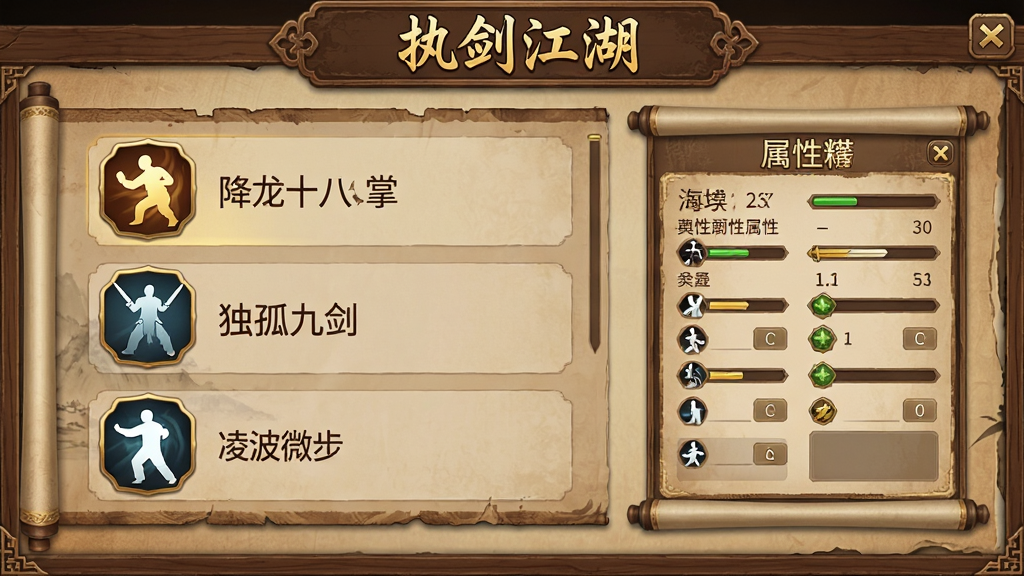 一幅游戏界面截图风格的图片,画面中展示了一个武学搭配界面,左侧列出“降龙十八掌”“独孤九剑”“凌波微步”等武学图标,右侧是角色属性面板,界面风格为古典卷轴与木质边框,整体色调为暖棕色与金色,文字清晰,排版整洁,画质高清,干净无多余元素,顶部居中写有“执剑江湖”标题