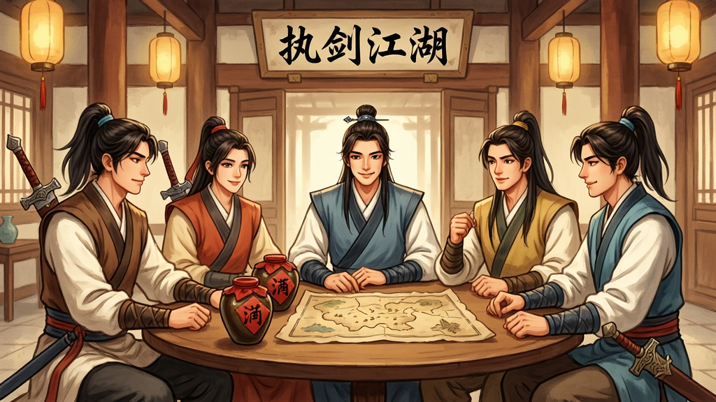 一幅多人游戏社交场景图,画面中五位不同服饰的侠客围坐在一张圆桌旁,桌上放着酒坛与地图,背景是门派大厅的匾额与灯笼,整体风格为国风工笔画,色调温暖,人物表情生动,画质高清,干净无多余元素,匾额上写有“执剑江湖”四字
