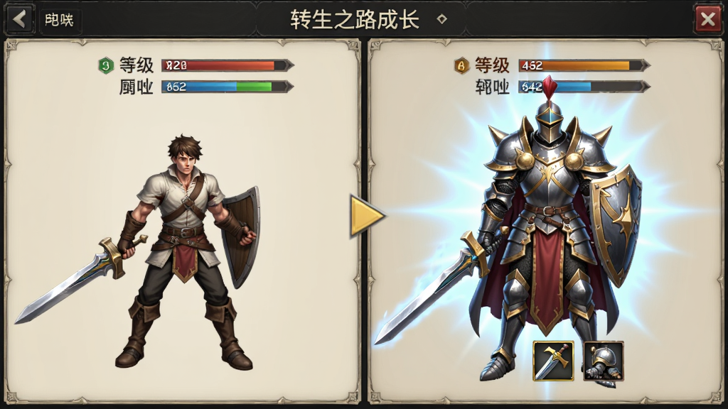 转生之路角色成长界面,画面展示一个角色从初级战士进化为高级骑士的转变过程,主体为角色进化对比,布局为左右分栏,排版居中,风格为奇幻游戏角色面板,细节包括等级数字、属性条、装备图标、转生光效,画质高清,干净整洁,无多余元素