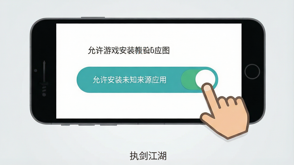 一幅手机游戏安装教程示意图,画面展示一部智能手机屏幕,屏幕上显示“允许安装未知来源应用”的开关按钮,旁边有手指点击的图标,背景为简洁的浅灰色,整体风格为扁平化UI设计,文字清晰,画质干净,无多余元素,画面底部写有“执剑江湖”小字