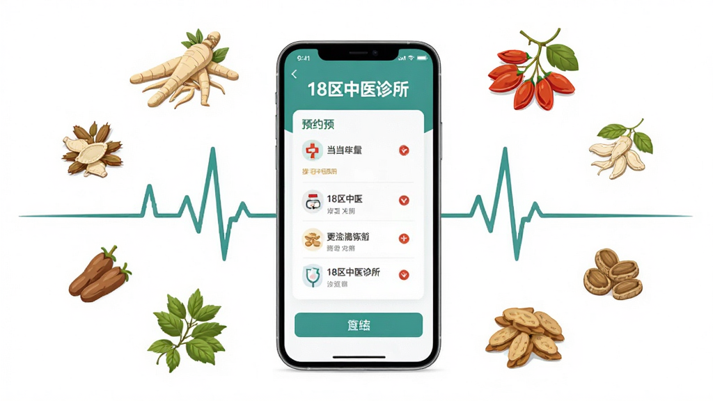 主体是一个手机屏幕展示中医诊所预约界面,布局为居中放置手机,周围环绕中草药图标和脉搏线条,排版简洁,风格为扁平化医疗健康风格,细节包含当归、枸杞等药材插画和