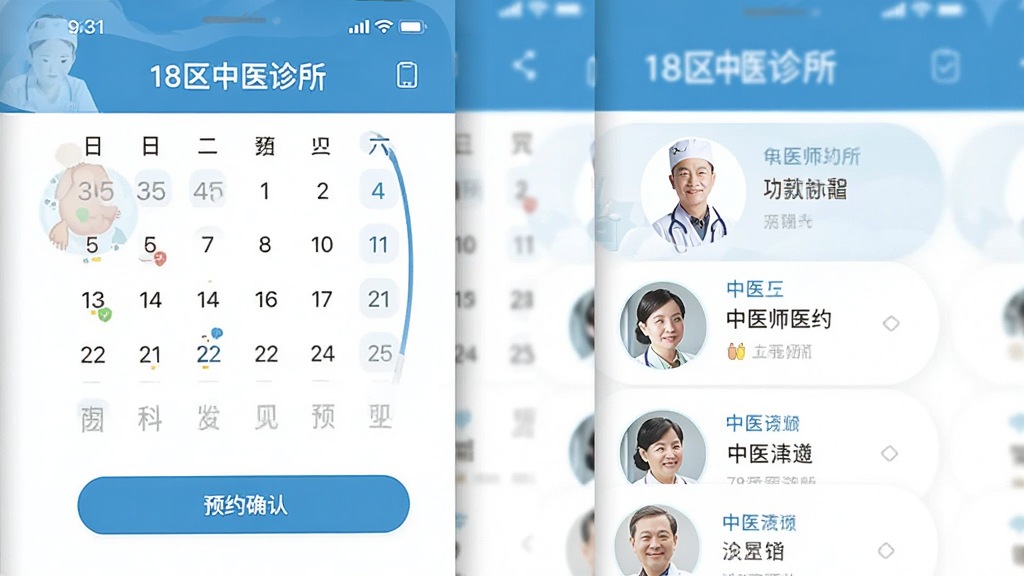 主体是手机界面展示预约日历和中医师头像列表,布局为上下分层,排版左对齐,风格为清新医疗蓝白配色,细节包含