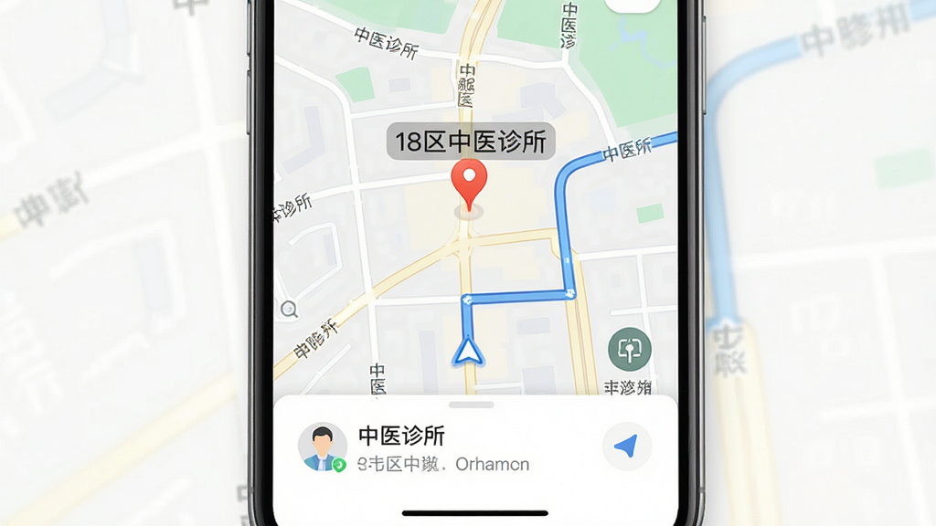 主体是手机地图界面显示中医诊所定位标记,布局为全屏地图加底部信息卡片,排版清晰,风格为现代导航应用风格,细节包含