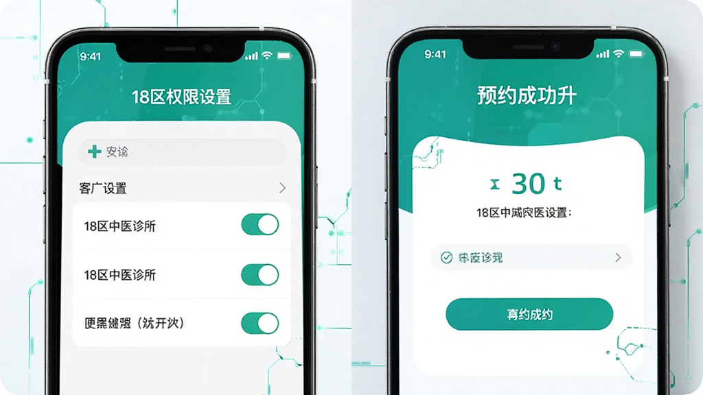 主体是手机屏幕展示应用权限设置界面和预约成功页面,布局为左右分屏对比,排版清晰,风格为科技医疗风格,细节包含