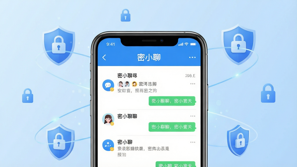 一张展示密小聊软件主界面的图片,画面中央是手机屏幕,屏幕内显示密小聊聊天列表界面,顶部有“密小聊”文字标识,背景为浅蓝色渐变,周围环绕盾牌与锁的图标象征安全加密,风格简洁现代,细节清晰,画质高清,干净无多余元素