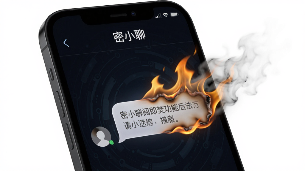 一张展示密小聊阅后即焚功能的场景图,画面中一部手机屏幕显示一条消息正在燃烧消散,火焰特效围绕消息气泡,屏幕顶部有“密小聊”字样,背景为暗色调,风格神秘且科技感强,细节清晰,画质高清,干净无多余元素