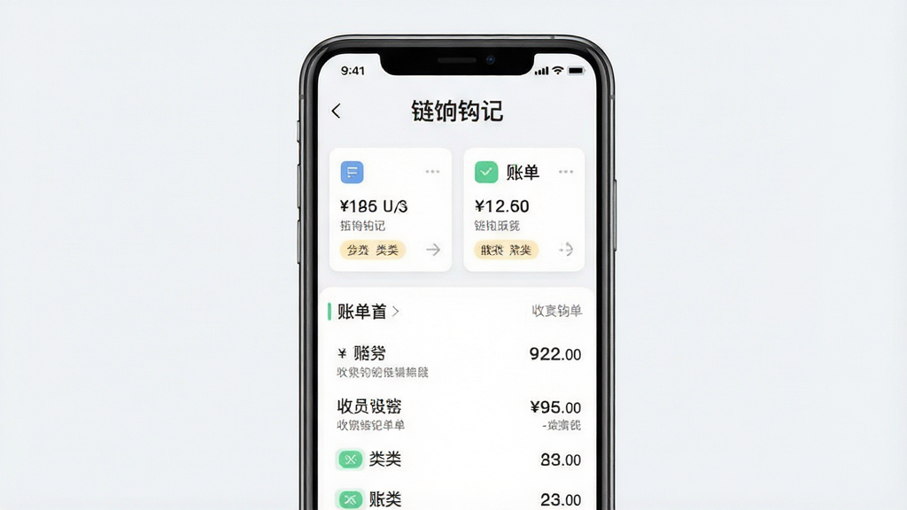一张手机屏幕展示链饷钩记软件主界面的图片,画面中央是手机竖屏显示记账应用首页,顶部有“链饷钩记”文字标题,下方是收支概览卡片和账单列表,背景为浅色简洁风格,主体突出手机和屏幕内容,布局居中,排版干净,风格为现代扁平化UI设计,细节包括图标、数字金额、分类标签,画质清晰,干净,无多余元素