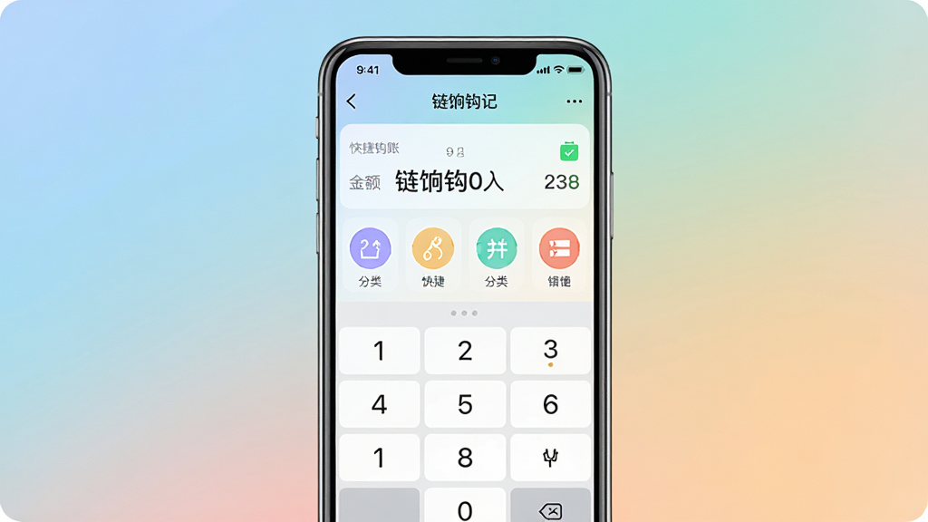 一张展示链饷钩记快捷记账功能的示意图,画面主体是一部手机,屏幕显示记账输入界面,包含数字键盘和分类图标,布局为手机居中放置,背景为柔和渐变色彩,风格为清爽简约的移动应用界面设计,细节有“链饷钩记”软件名称文字、金额数字、分类图标,画质清晰,干净,无多余元素