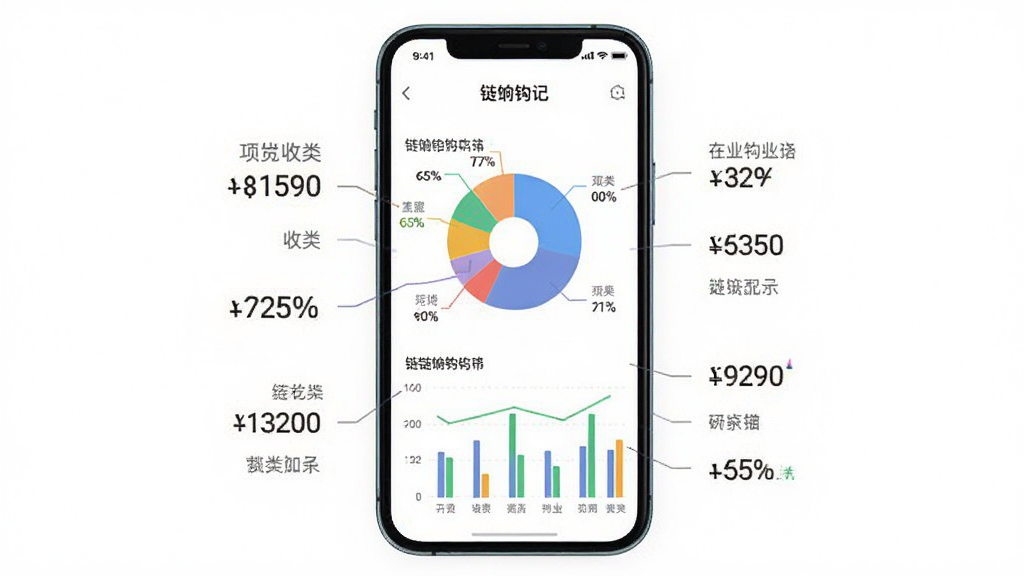 一张展示链饷钩记数据统计图表的图片,画面主体是手机屏幕显示饼状图和柱状图,图表周围有收支金额数字和分类标签,布局为手机居中,背景为干净的白色,风格为数据可视化界面设计,细节有“链饷钩记”文字标识、彩色图表区块、百分比数字,画质清晰,干净,无多余元素