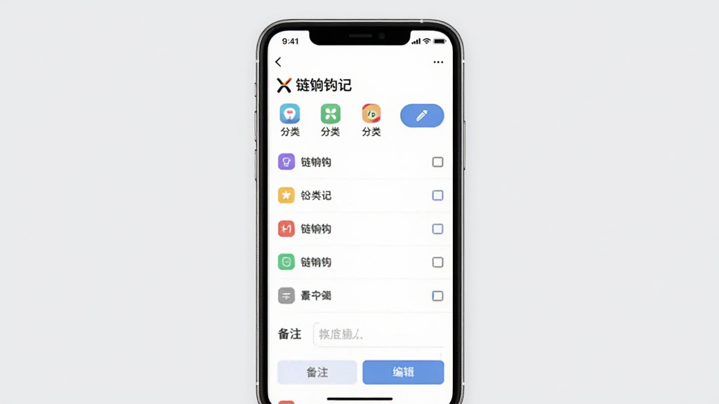 一张展示链饷钩记账目分类管理界面的图片,画面主体是手机屏幕显示分类列表和编辑选项,布局为手机竖屏居中,背景为浅灰色,风格为移动端管理界面设计,细节有“链饷钩记”软件名称、分类图标、编辑按钮、备注输入框,画质清晰,干净,无多余元素