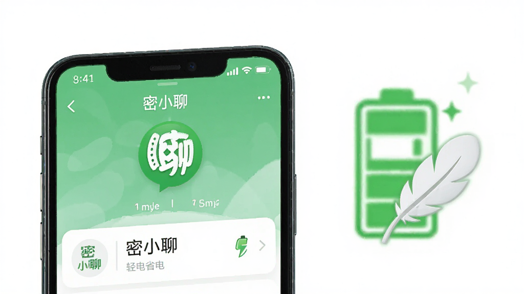 一张展示密小聊轻量省电特性的图片,画面中一部手机屏幕显示密小聊界面,旁边有一个绿色的电池图标和羽毛图标,背景为白色,风格干净清爽,细节清晰,画质高清,干净无多余元素