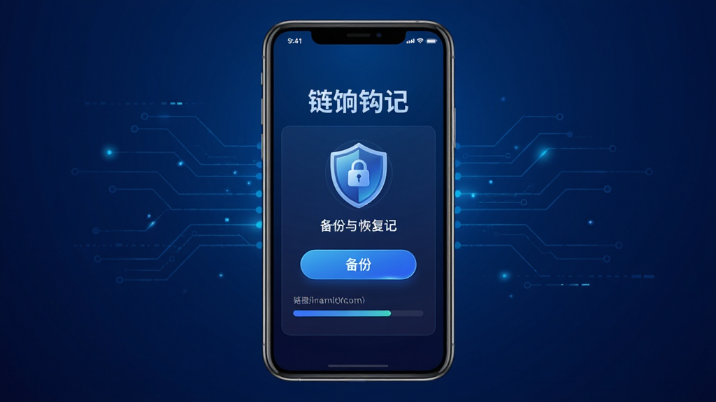 一张展示链饷钩记数据安全与备份功能的示意图,画面主体是手机屏幕显示备份与恢复选项,布局为手机居中,背景为深蓝色科技感渐变,风格为安全防护主题的界面设计,细节有“链饷钩记”文字、盾牌图标、备份按钮、进度条,画质清晰,干净,无多余元素
