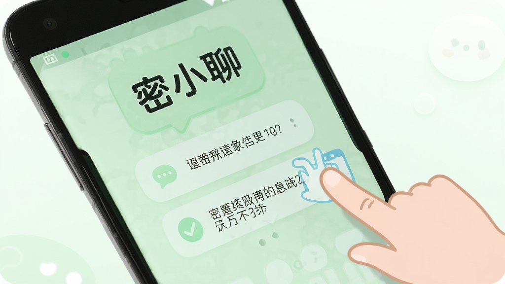 一部安卓手机屏幕显示密小聊的新手引导界面,界面中有“密小聊”文字和步骤提示,旁边有手指点击屏幕的动画示意,背景为柔和的浅绿色,风格清新友好,细节清晰,画质高清,干净无多余元素