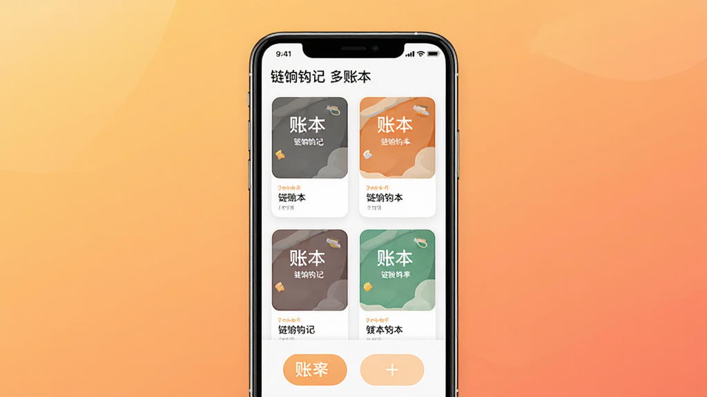 一张展示链饷钩记多账本功能的示意图,画面主体是手机屏幕显示多个账本卡片切换界面,布局为手机竖屏居中,背景为暖色调柔和渐变,风格为生活化应用界面设计,细节有“链饷钩记”软件名称、账本封面、账本名称文字、切换按钮,画质清晰,干净,无多余元素