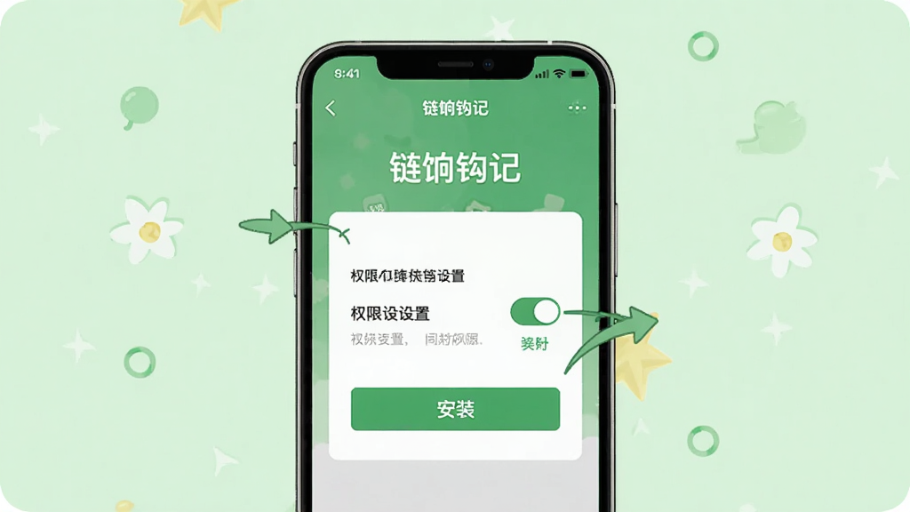 一张展示链饷钩记新手使用步骤的示意图,画面主体是手机屏幕显示安装引导和权限设置界面,布局为手机居中,背景为浅绿色清新风格,风格为教程指引类界面设计,细节有“链饷钩记”文字、安装按钮、权限开关图标、箭头指示,画质清晰,干净,无多余元素