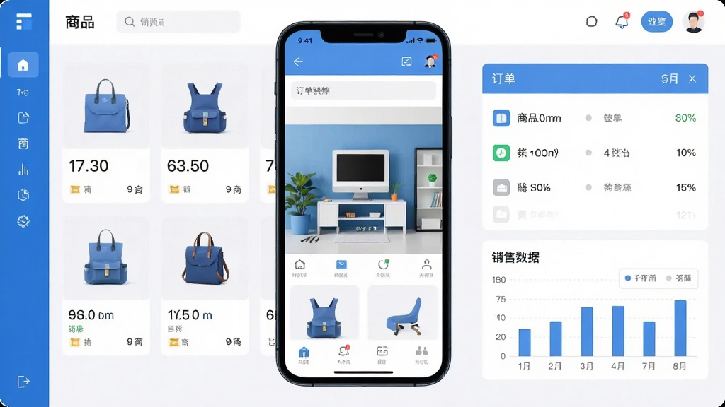 手机屏幕中展示一个电商店铺的经营后台界面,画面中央是店铺装修预览图,周围环绕着商品卡片、订单列表和销售数据图表,界面风格为现代扁平化设计,配色以蓝色和白色为主,画面干净整洁,画质清晰,无多余元素