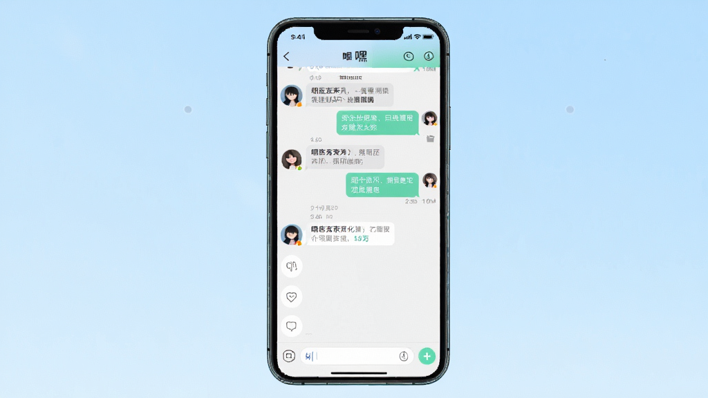 一张展示嘿在软件聊天界面的手机屏幕预览图,画面中央是一部竖屏智能手机,屏幕内显示嘿在APP的聊天对话框与好友列表,整体布局为居中构图,背景为淡蓝色渐变,风格清新简约,细节包括消息气泡、头像圆形图标、底部输入框,画质高清,干净,无多余元素