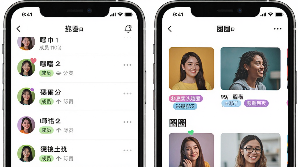 一张展示嘿在软件群组聊天与兴趣圈子功能的界面图,画面为手机屏幕展示群聊列表与圈子推荐页,布局为左右分栏,风格活泼明快,细节包含群头像、群名称、成员数、圈子标签,画质高清,干净,无多余元素
