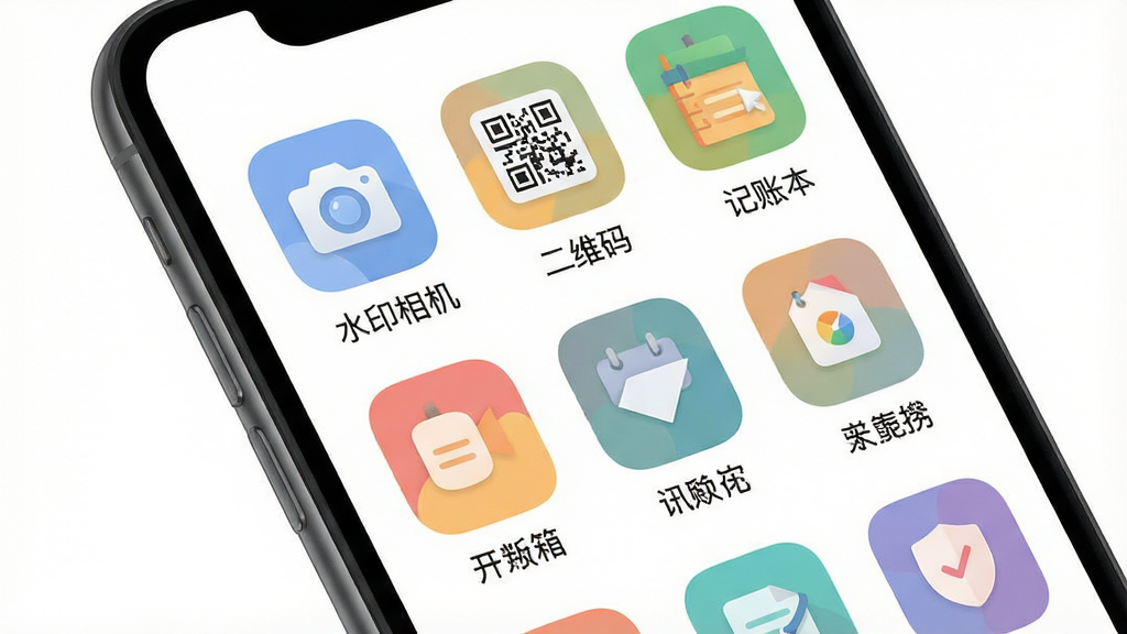 创客管家Pro工具箱功能展示图,主体为手机屏幕特写,屏幕内呈现多个彩色圆角图标整齐排列,图标下方带有中文标签如“水印相机”“二维码”“记账本”等。布局采用网格状排列,风格为扁平化插画风,细节上图标颜色柔和,背景为纯白色,画质高清,干净,无多余元素。