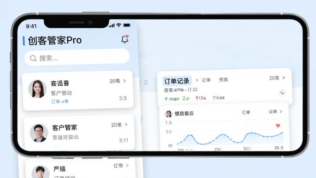 创客管家Pro客户管理界面预览图,主体为手机屏幕显示客户列表与订单记录卡片,布局为上下结构,上方为搜索栏,下方为卡片式列表。风格为清新商务风,细节上卡片带有浅灰色阴影,文字清晰,背景为淡蓝色,画质高清,干净,无多余元素。