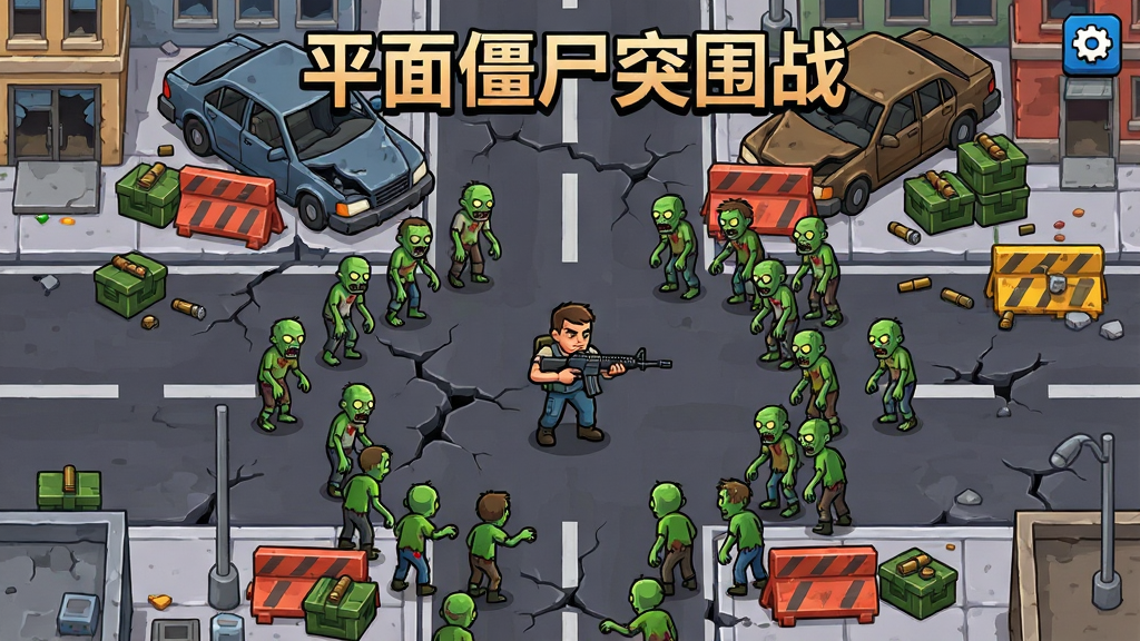 一幅俯视角平面射击游戏场景画面,主体为一名手持突击步枪的幸存者角色站在废弃城市街道中央,四周被大量绿色僵尸包围,布局采用中心向外扩散的构图,画面上方居中显示游戏标题文字“平面僵尸突围战”,风格为卡通渲染2D平面射击游戏风格,细节包括路面裂缝、废弃车辆、路障、散落的弹药箱、僵尸群层次分明,画质清晰干净,色彩对比强烈,无多余元素