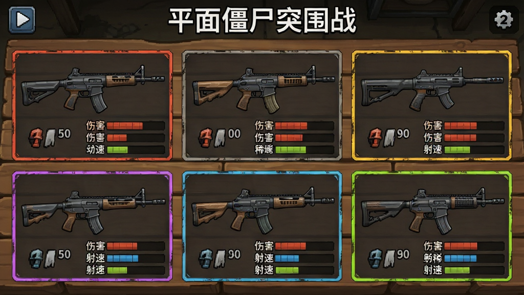 一幅游戏内武器选择界面风格画面,主体为六种不同枪械整齐排列在木质桌面上,布局为两排三列展示,画面顶部居中显示文字“平面僵尸突围战”,风格为2D游戏UI界面风格,细节包括每把枪的图标、名称标签、伤害数值条、射速数值条、稀有度颜色边框,画质清晰干净,无多余元素