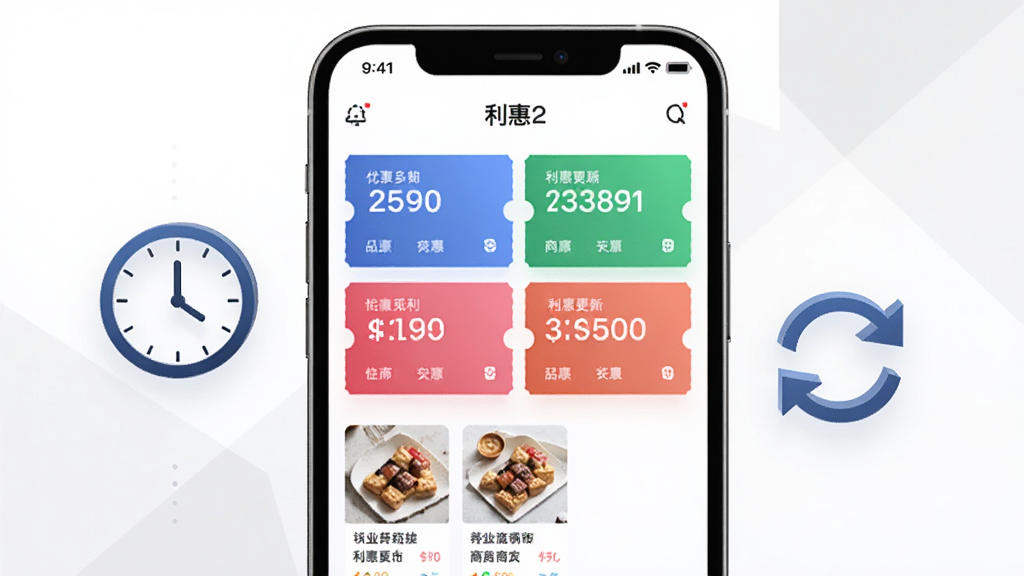 利多利APP功能展示图,画面以手机屏幕为中心,屏幕内显示多个优惠券卡片与商家列表,手机两侧漂浮着时钟与刷新箭头图标,象征实时更新与便捷操作,背景为干净的白色与淡灰色几何图形拼接,风格现代商务,画质清晰,无杂乱元素