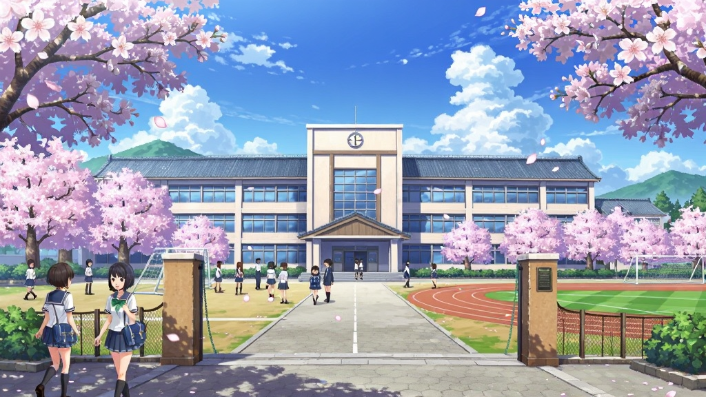 樱花校园盛夏物语游戏主界面全景展示,画面中央是一所被樱花树环绕的日式校园,教学楼前有穿着校服的学生在走动,天空湛蓝飘着白云,整体风格为日系动漫渲染,色彩明亮清新,布局采用横向宽屏构图,细节包含樱花花瓣飘落、教室窗户反光、操场跑道等元素,画质高清,画面干净,无多余装饰元素