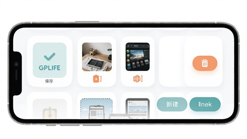 GPLife离线模板保存界面图,主体为手机屏幕展示模板列表与管理按钮,布局为上下结构顶部标题底部操作栏,排版清爽,风格为柔和圆角卡片风,细节包含保存图标、模板缩略图、删除按钮、新建按钮,画质高清干净无多余元素