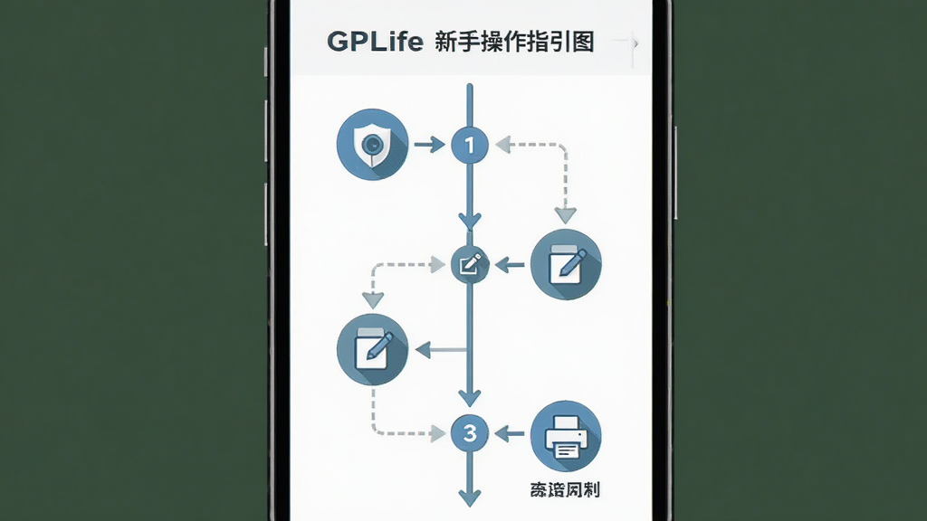 GPLife新手操作指引图,主体为手机屏幕展示分步操作流程图,布局为纵向时间轴排列,排版清晰有序,风格为扁平化信息图风,细节包含连接图标、编辑图标、打印图标、步骤编号、箭头指示,画质高清干净无多余元素