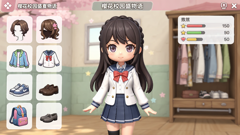 樱花校园盛夏物语角色换装与养成界面,画面中央是女性角色穿着不同风格的校服和配饰进行展示,周围布局着发型、服装、鞋子、背包等分类图标,风格为日系动漫Q版渲染,细节包含角色表情变化、属性数值面板、衣柜背景,画质高清,画面干净,无多余元素