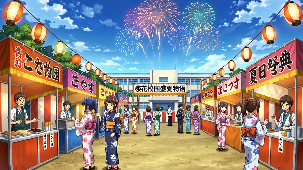 樱花校园盛夏物语夏日祭典活动场景,画面展示校园操场布置成祭典现场,有摊位、灯笼、烟花和穿着浴衣的学生,布局采用全景视角,风格为日系动漫节日风格,细节包含烟花绽放效果、摊位上的小吃、学生互动动作,画质高清,画面干净,无多余元素